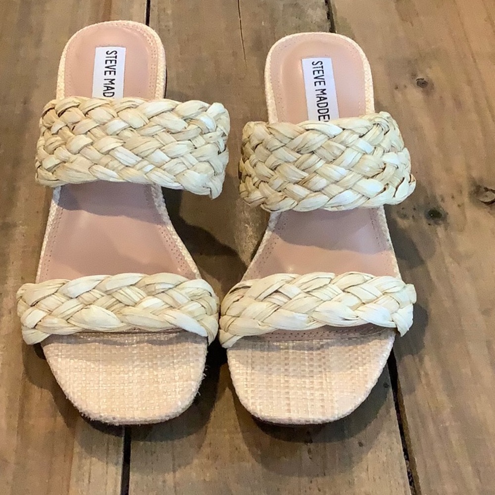 STEVE MADDEN Vows Woven Strap Slide SphereHeel Raffia Coastal Grandma Sandal 7.5 - Picture 2 of 9